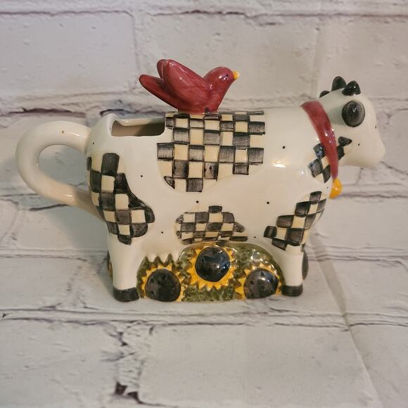 Debbie Mumm Sakura Creamer Checkered Cow Red Bird Sunflower Farmhouse Decor - Picture 1 of 7
